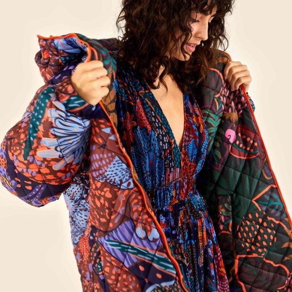 FARM RIO Blue Cool Leopard Long Reversible Puffer Jacket Coat Tropical - Picture 5 of 14